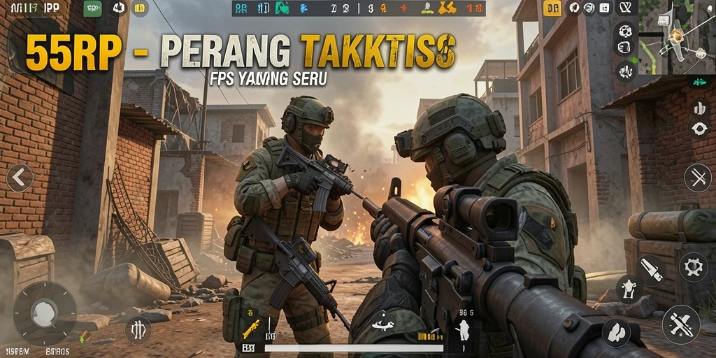 Screenshot 55RP menampilkan aksi tembak-menembak yang mendebarkan.