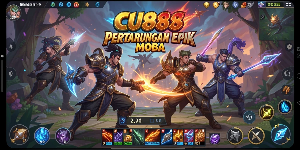 Screenshot CU888 menampilkan pertarungan seru antar karakter MOBA.