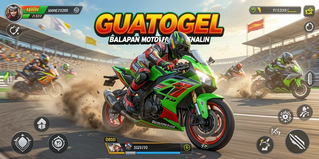 Screenshot GUATOGEL menunjukkan aksi balap motor yang mendebarkan.