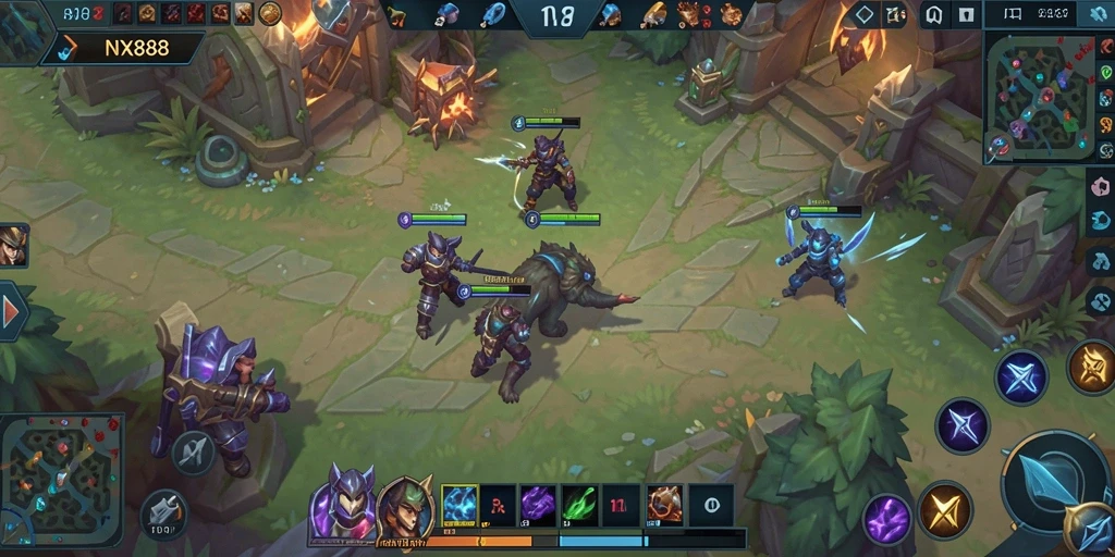 Tangkapan layar gameplay NX888 dengan pertarungan seru di arena MOBA.