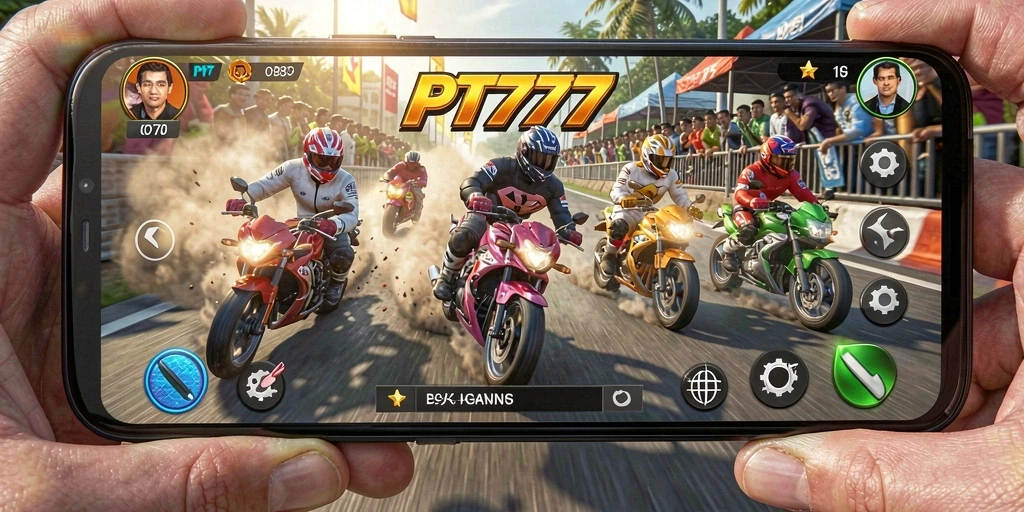 Screenshot menunjukkan tampilan intens gameplay balapan motor di PT777.