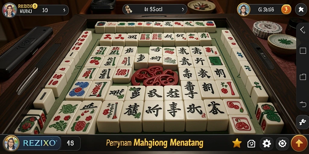 Screenshot gameplay REZIXO yang menampilkan suasana bermain Mahjong yang menyenangkan.