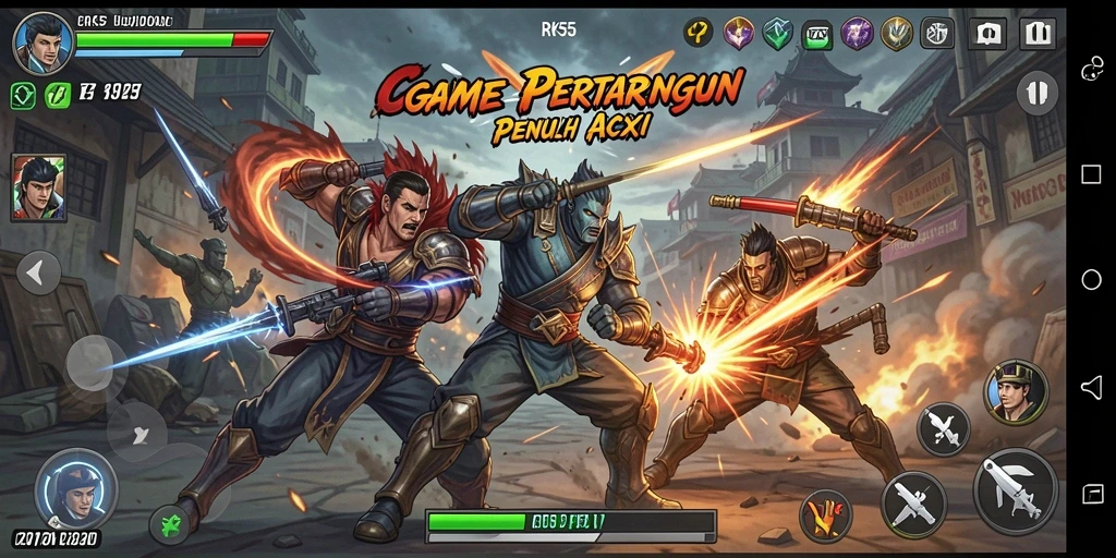 Tampilan gameplay RK55 dengan karakter bertarung dalam arena yang mendebarkan.