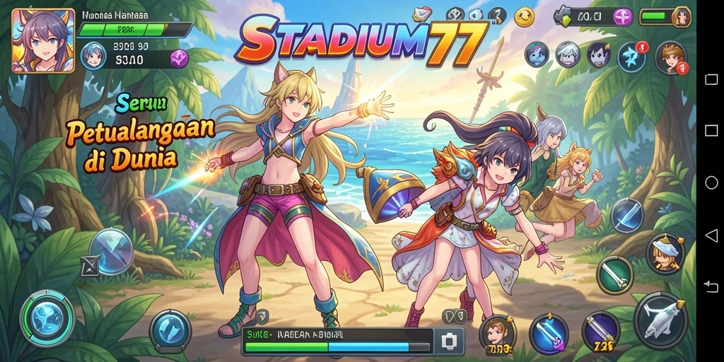 Tangkapan layar STADIUM77 menampilkan karakter anime yang sedang bertarung dengan efek visual menakjubkan.